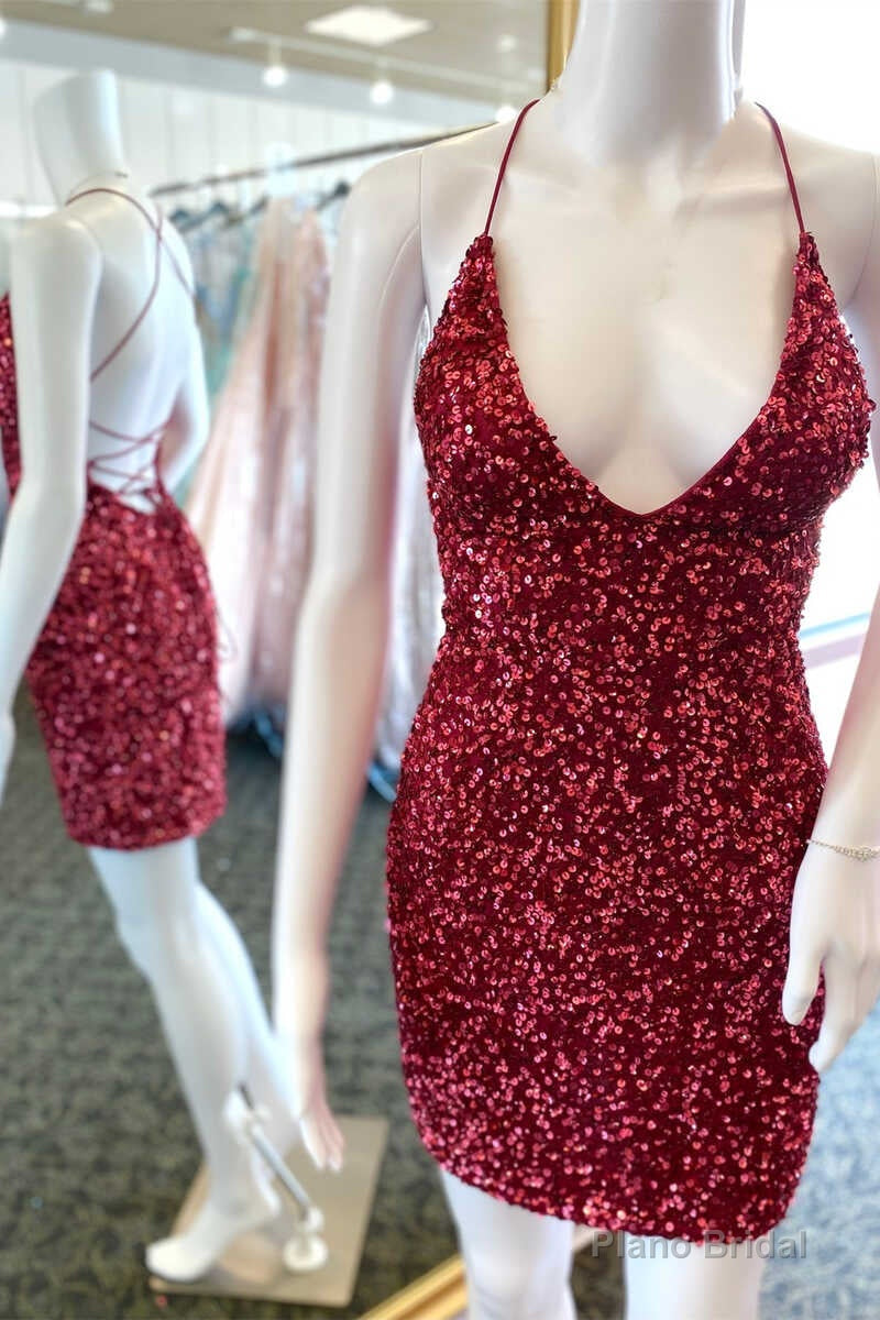 Red Sequin Scoop Neck Lace-Up Short Homecoming Dress Main image