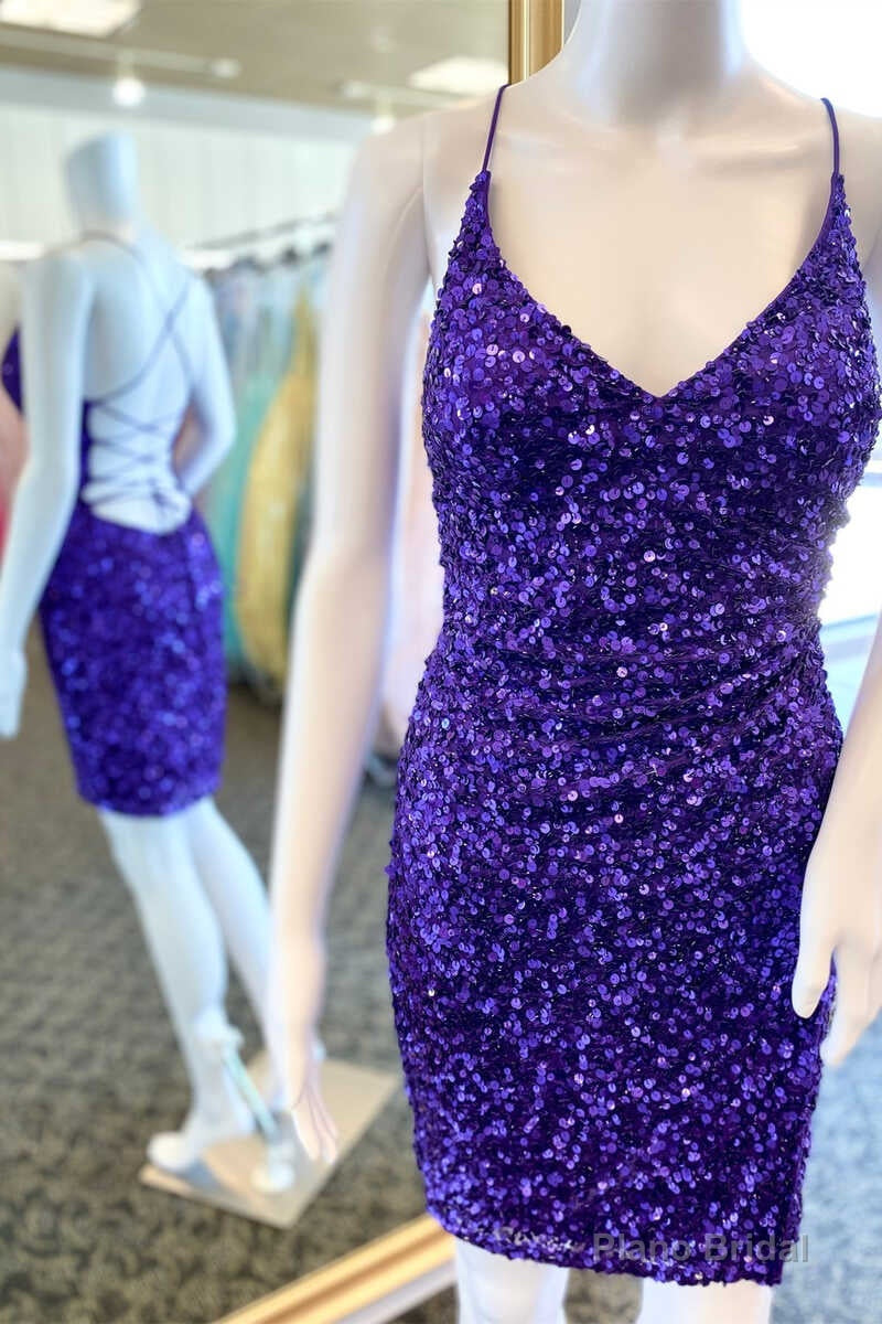 Short Purple Sequin V-Neck Lace-Up Party Dress Main image