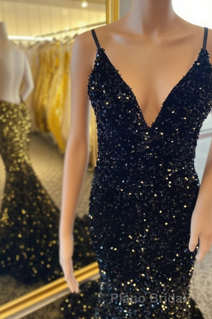 Open Back Sequin Mermaid V Neck Long Formal Prom Dresses Main image