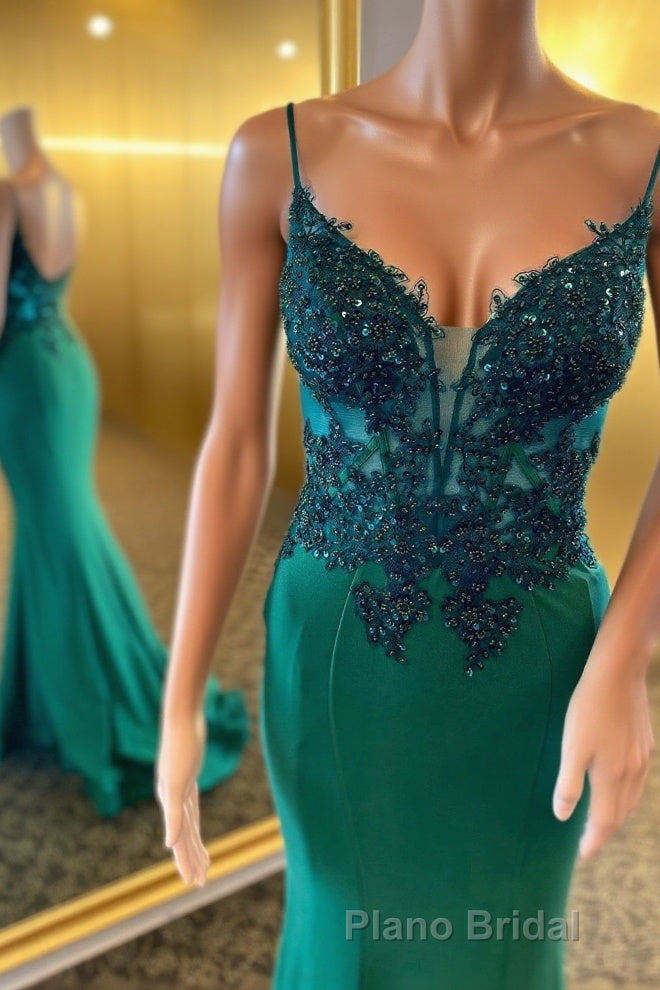 Straps Green Appliques Mermaid Long Prom Dresses Main image