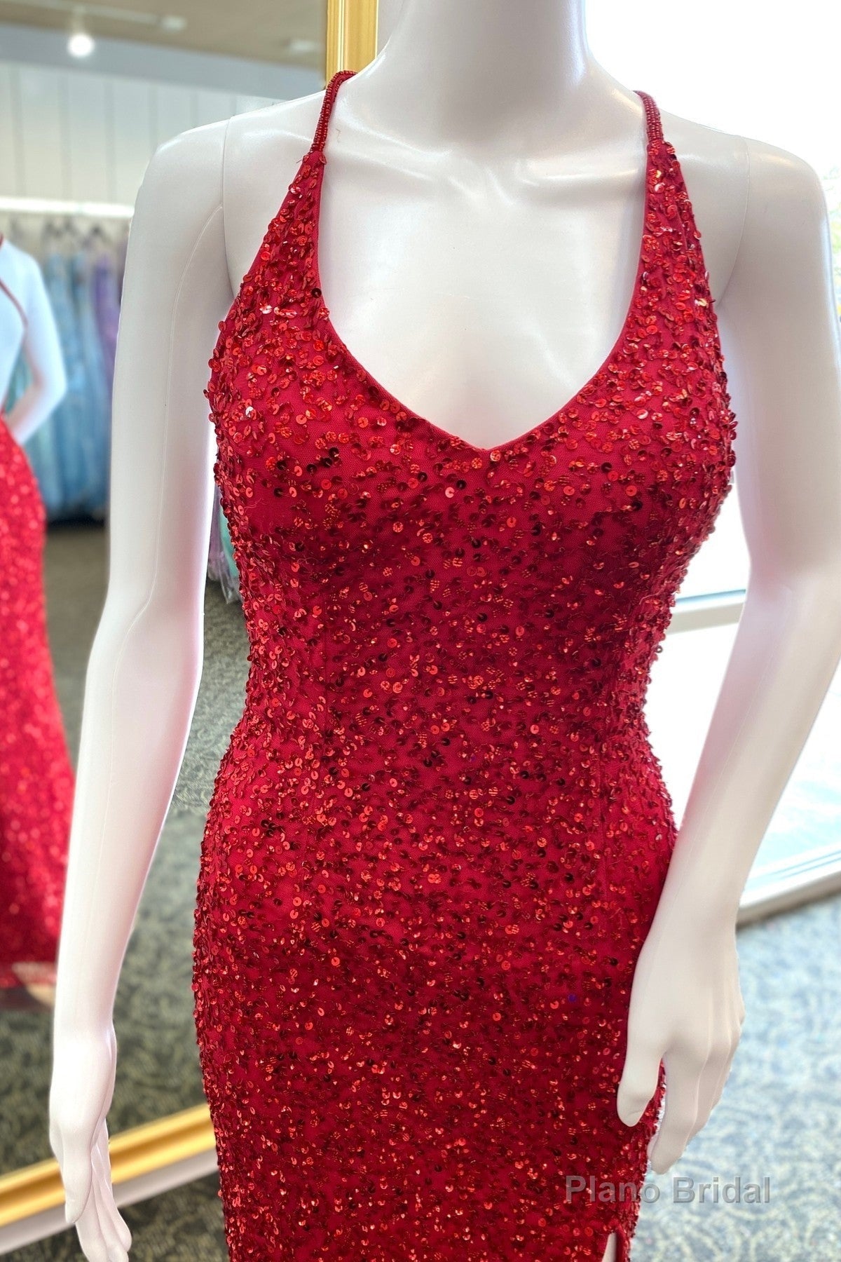 Red Sequins Mermaid Crossed Back Long Prom Dress with Slit Main image