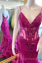 Fuchsia Mermaid Sequined Embroidery Tulle Long Formal Prom Dresses