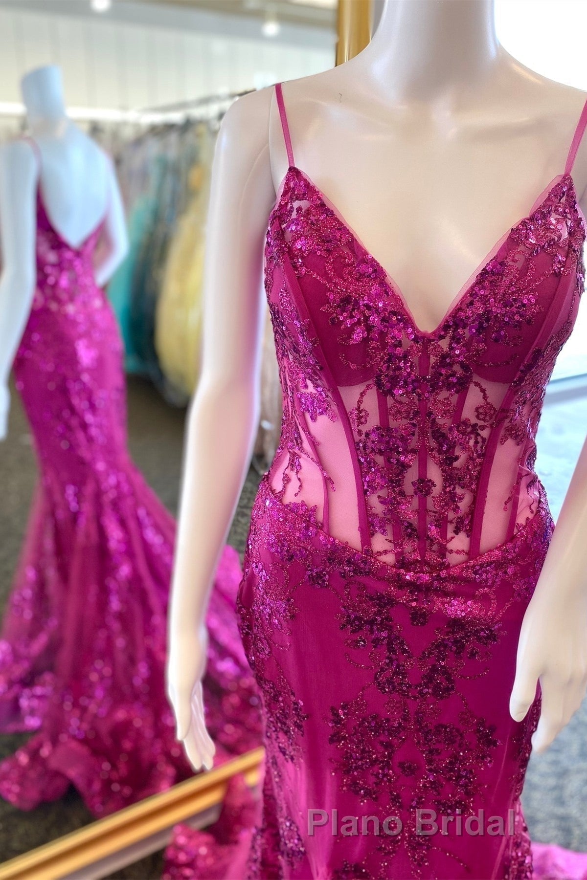 Fuchsia Mermaid Sequined Embroidery Tulle Long Formal Prom Dresses Secondary image