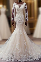 Autumn Long Sleevess Mermaid Lace appliques Ivory Wedding Dress