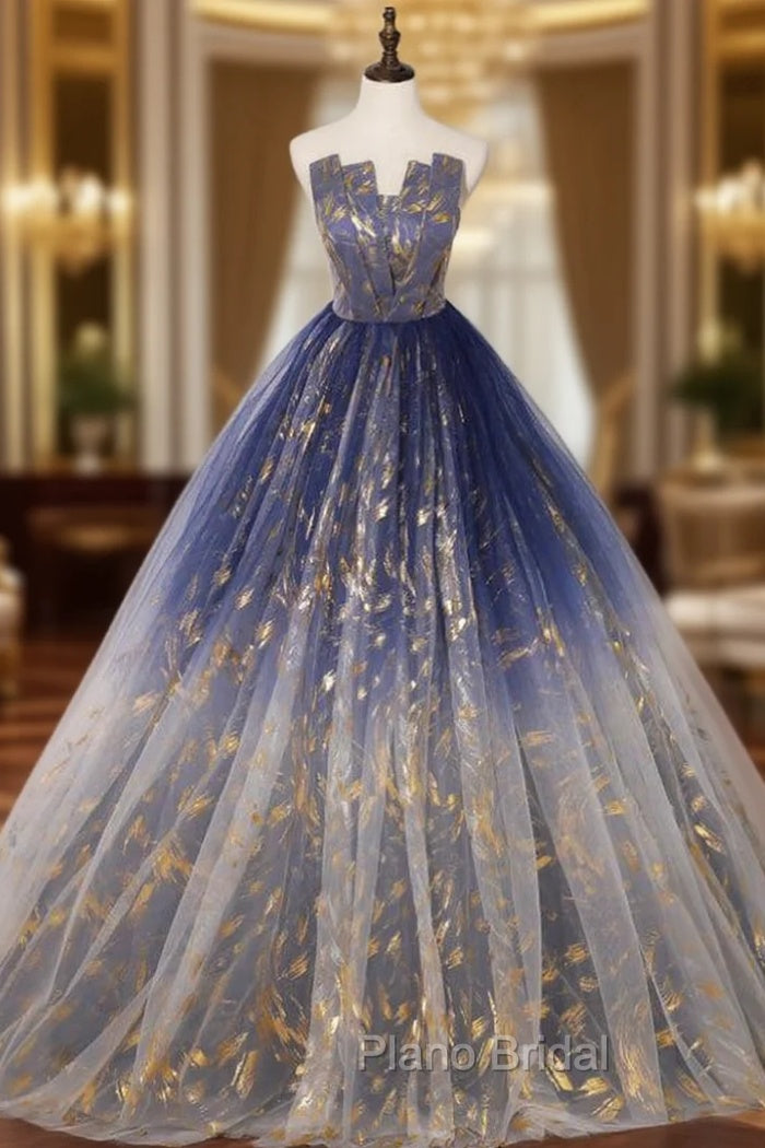 Available In Sizes 0-24 Blue Ball Gown Tulle Gold Stamping Strapless Quinceanera Dresses