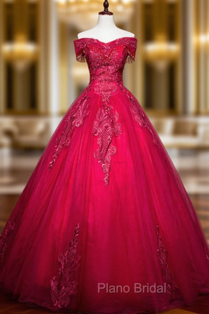 Available In Sizes 0-24 Burgundy Ball Gown Tulle Appliques Beading Quinceanera Dresses Main image