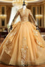 Available In Sizes 0-24 Gold Ball Gown Tulle Appliques Long Sleeve Backless Quinceanera Dresses