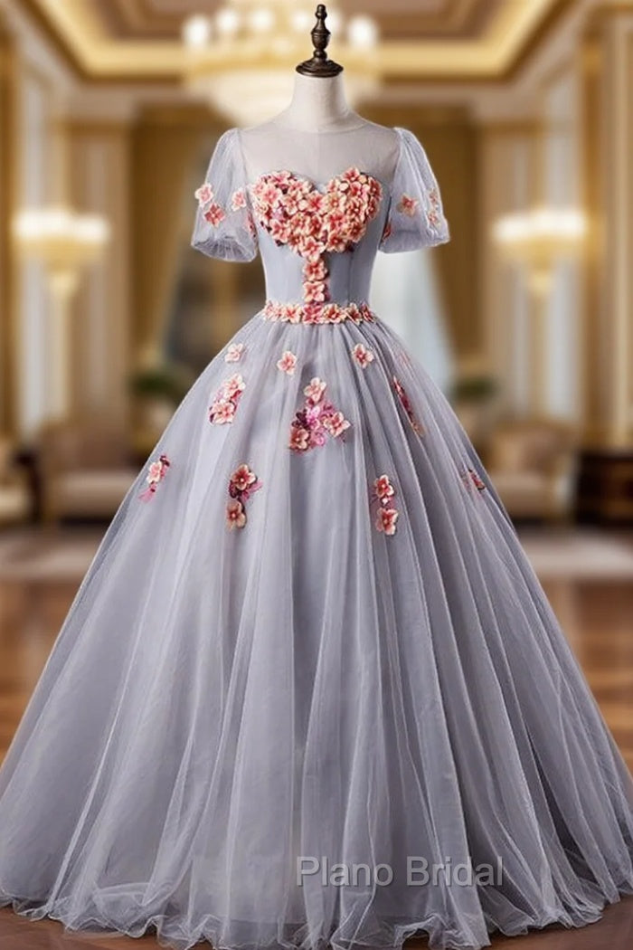Available In Sizes 0-24 Gray Ball Gown Tulle Appliques Short Sleeve Quinceanera Dresses Main image