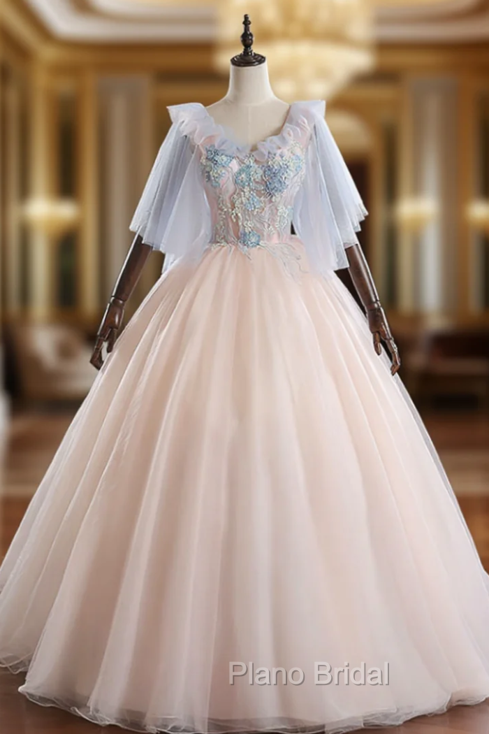 Available In Sizes 0-24 Pink Ball Gown Tulle Appliques V-neck Quinceanera Dresses