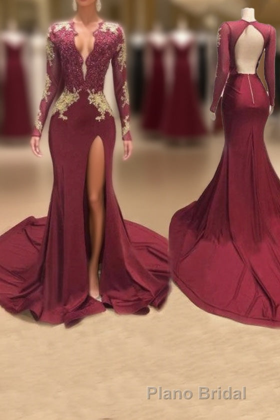 Awesome V-neck Long Sleeve High Slit Mermaid Formal Prom Dresses Main image