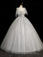 Gray Sparkly Tulle Long Scoop Neckline Prom Dress, Beautiful A-Line Evening Party Dress