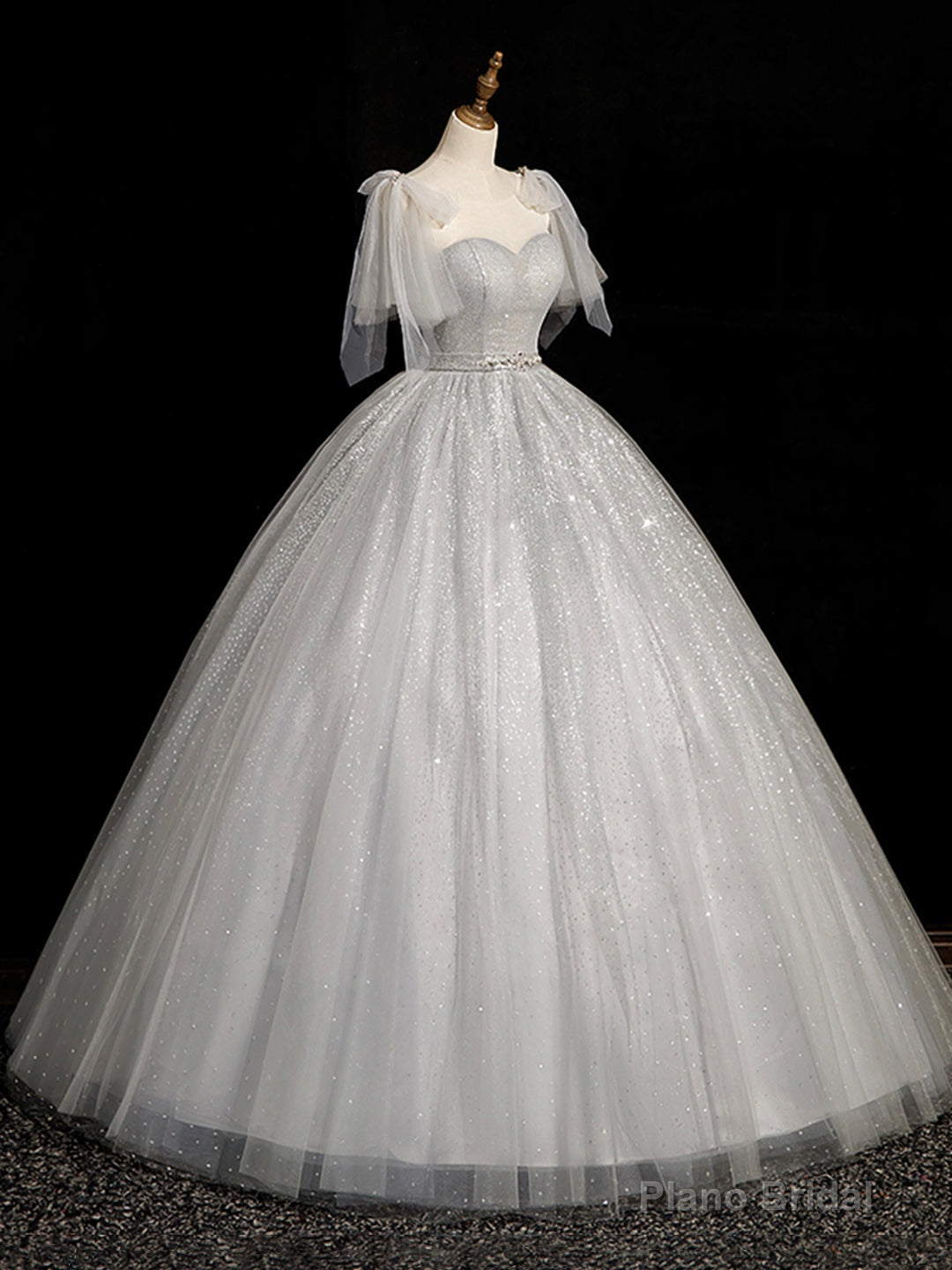 Gray Sparkly Tulle Long Scoop Neckline Prom Dress, Beautiful A-Line Evening Party Dress