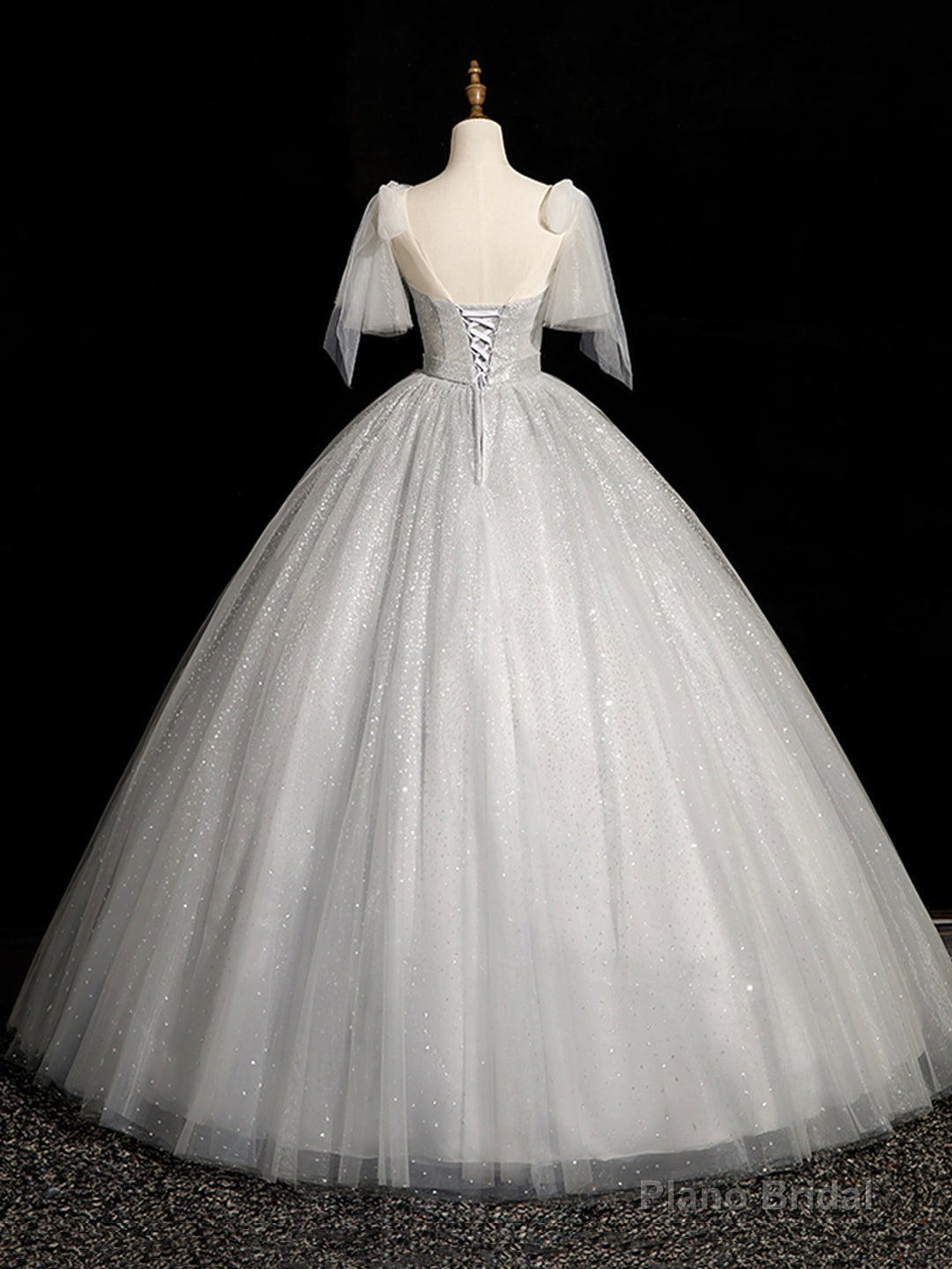 Gray Sparkly Tulle Long Scoop Neckline Prom Dress, Beautiful A-Line Evening Party Dress Main image