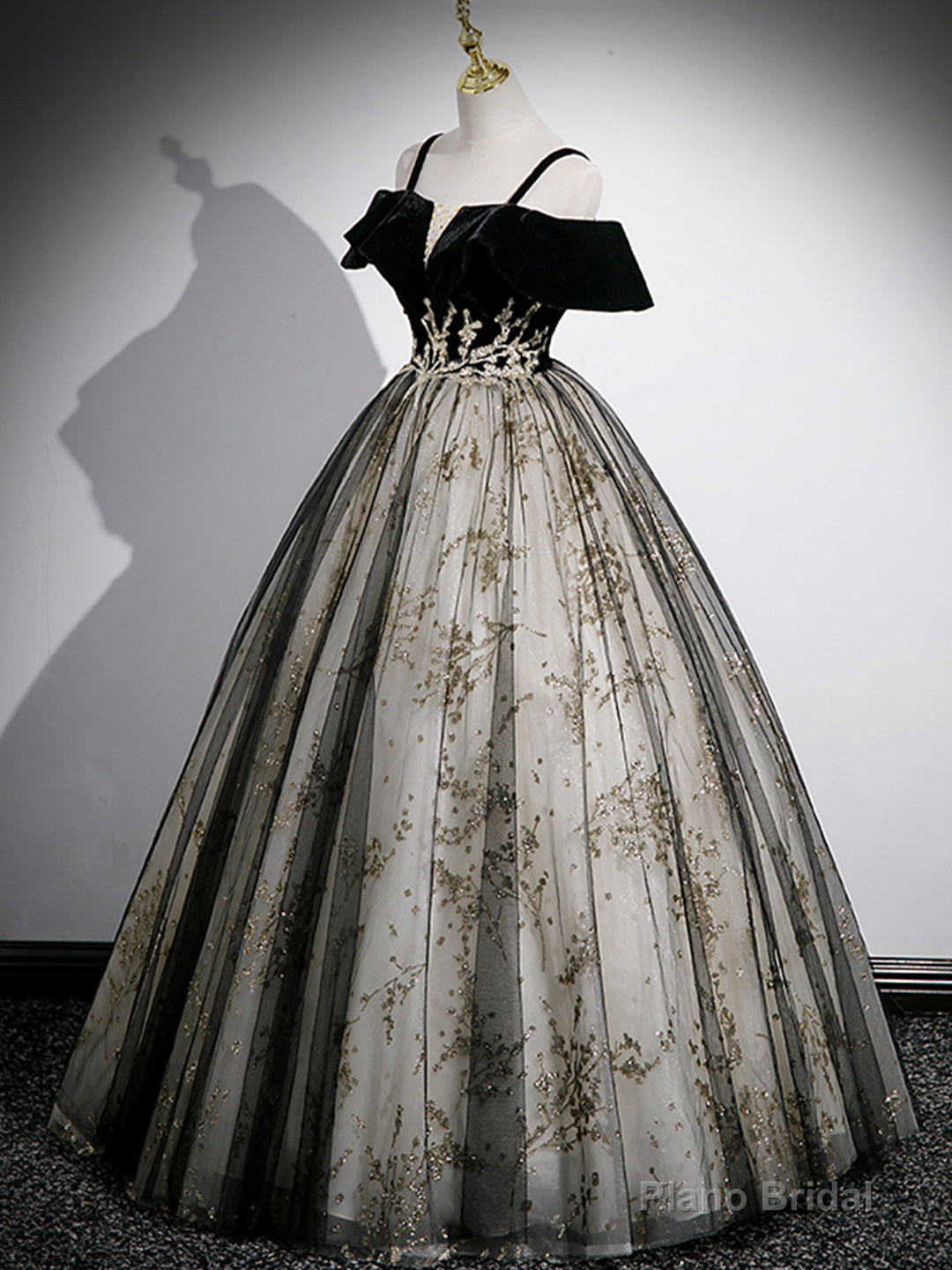 Black Velvet Tulle Sequins Floor Length Prom Dress, Off the Shoulder Evening Party Dress