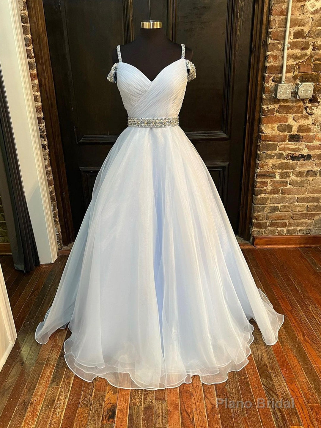 Blue Organza Beaded Long Formal Dress, Blue Spaghetti Straps Evening Dress Main image
