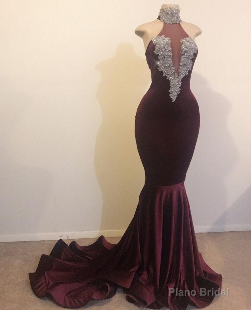 Mermaid Open Back Chic High Neck Silver Beads Appliques Prom Party Gowns Secondary image