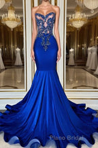 Royal Blue High Neck Sleeveless Mermaid Formal Prom Dress with Beadings