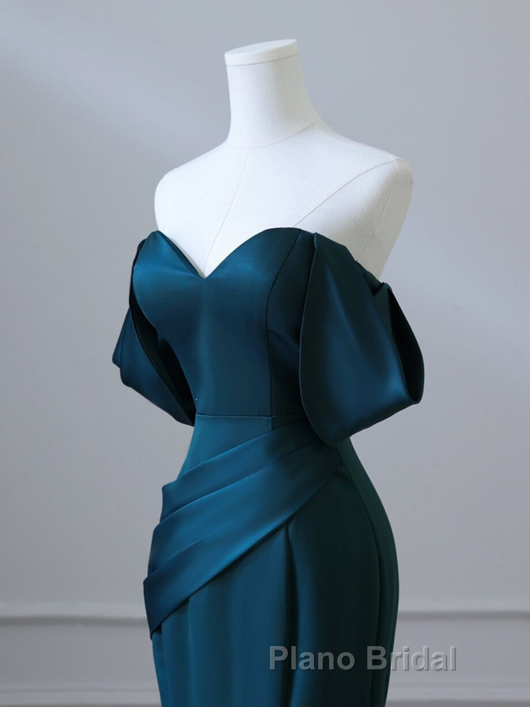 Simple Off Shoulder Satin Ink Blue Long Formal Prom Dress, Ink Blue Long Formal Dress