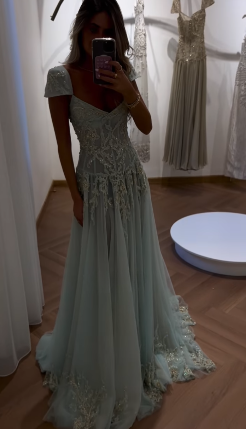 Baby Blue A Line Exquisite Beaded Tulle Formal Prom Dresses Wedding Guest Dresses