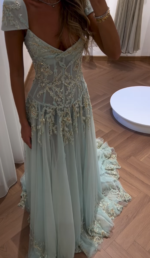 Baby Blue A Line Exquisite Beaded Tulle Formal Prom Dresses Wedding Guest Dresses