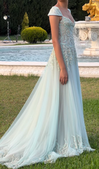 Baby Blue A Line Exquisite Beaded Tulle Formal Prom Dresses Wedding Guest Dresses