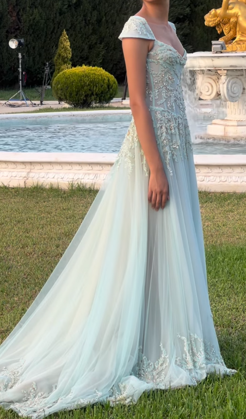 Baby Blue A Line Exquisite Beaded Tulle Formal Prom Dresses Wedding Guest Dresses