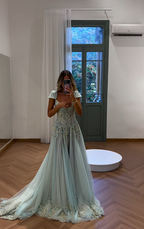 Baby Blue A Line Exquisite Beaded Tulle Formal Prom Dresses Wedding Guest Dresses
