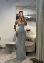 Baby Blue Sheath V Neck Beaded 3D Floral Lace Formal Prom Dresses Formal Evening Dresses