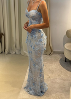 Baby Blue Sheath V Neck Beaded 3D Floral Lace Formal Prom Dresses Formal Evening Dresses