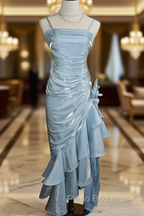 Baby Blue Vintage Floral Dresses Asymmetrical Hem Formal Prom Gown