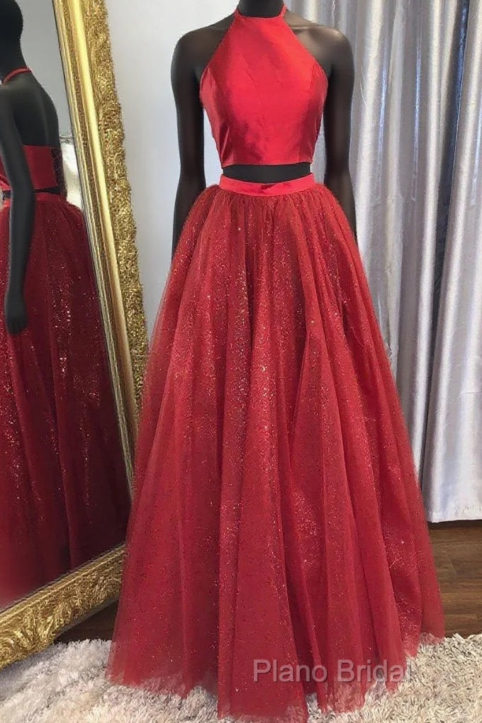 Back Two Piece Halter Sparkle Lace-Up Red Long Formal Prom Dresses Main image