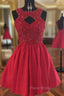 Backless Beaded Lace Red Satin Homecoming Dresses Short Formal Prom Gowns