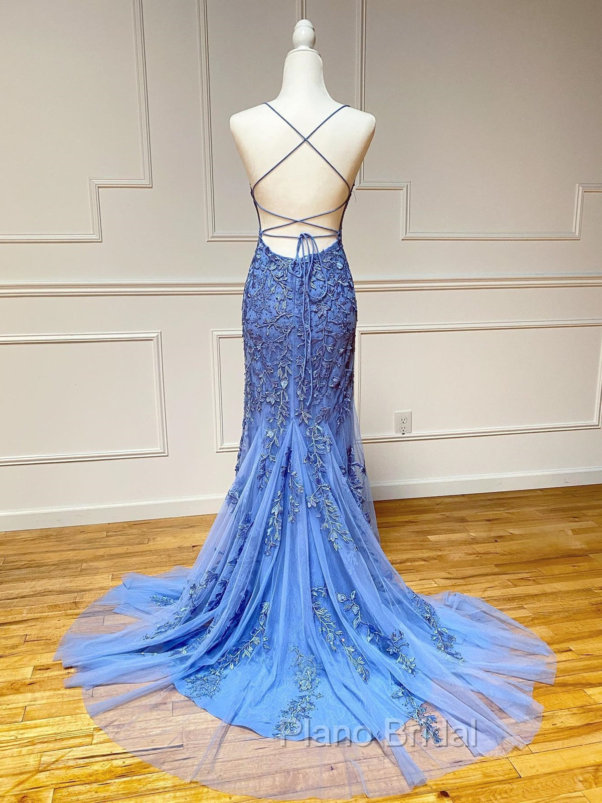 Backless Blue Lace Mermaid Formal Prom Dresses, Open Back Lace Mermaid Formal Evening Dresses Secondary image