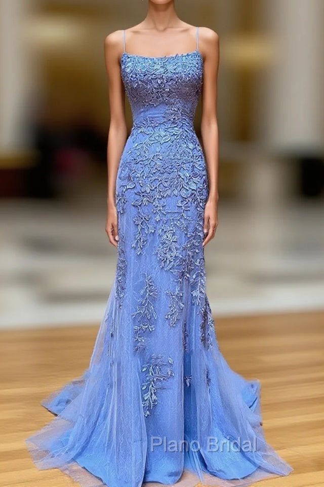 Backless Blue Lace Mermaid Formal Prom Dresses, Open Back Lace Mermaid Formal Evening Dresses Main image