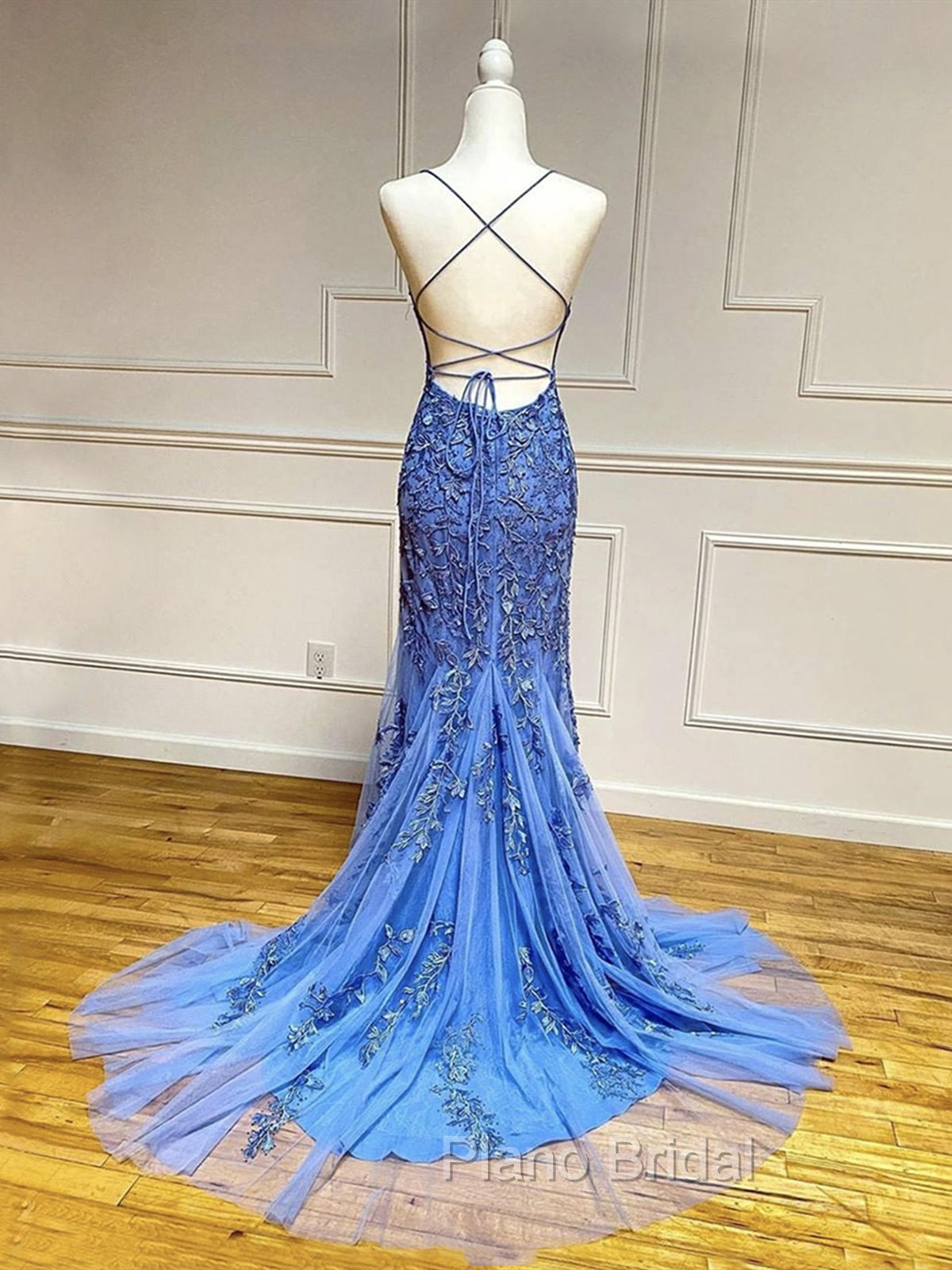 Backless Blue Lace Formal Prom Dresses, Open Back Blue Lace Formal Graduation Dresses Secondary image
