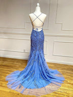 Backless Blue Lace Formal Prom Dresses, Open Back Blue Lace Formal Graduation Dresses