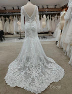 Backless Bohemian Simple V-Neck Long Sleeve Lace Wedding Dresses With Train