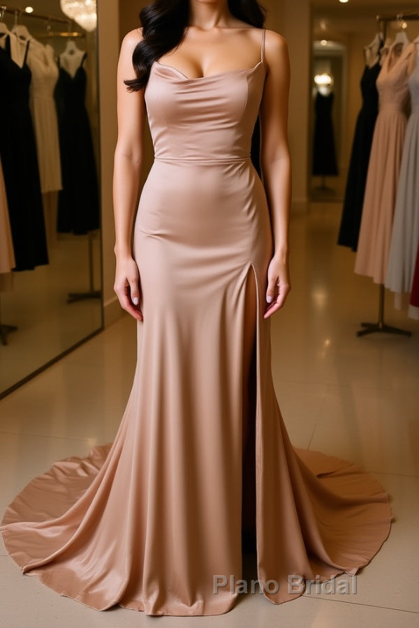 Backless Champagne Long Formal Prom Dress with High Slit, Long Champagne Formal Graduation Evening Dress Main image