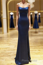 Backless Dark Navy Blue Long Formal Prom Dresses, Dark Navy Blue Formal Graduation Evening Dresses