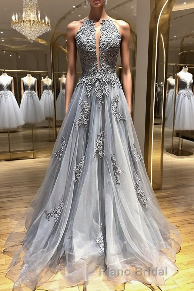 Backless Gray Lace Formal Prom Dresses, Backless Gray Lace Formal Evening Graduation Dresses Main image