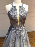 Backless Gray Lace Formal Prom Dresses, Backless Gray Lace Formal Evening Graduation Dresses