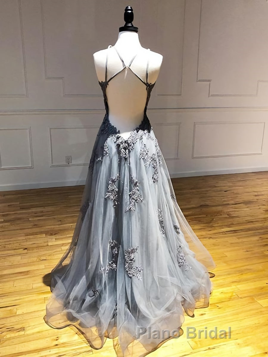 Backless Gray Lace Formal Prom Dresses, Backless Gray Lace Formal Evening Graduation Dresses