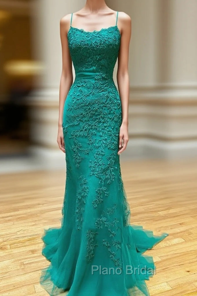 Backless Green Lace Mermaid Formal Prom Dresses, Open Back Mermaid Lace Formal Evening Dresses
