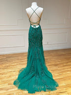 Backless Green Mermaid Lace Formal Prom Dresses, Open Back Green Lace Mermaid Formal Evening Dresses