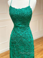 Backless Green Mermaid Lace Formal Prom Dresses, Open Back Green Lace Mermaid Formal Evening Dresses