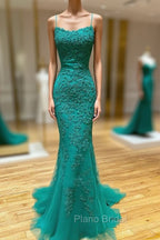 Backless Green Mermaid Lace Formal Prom Dresses, Open Back Green Lace Mermaid Formal Evening Dresses