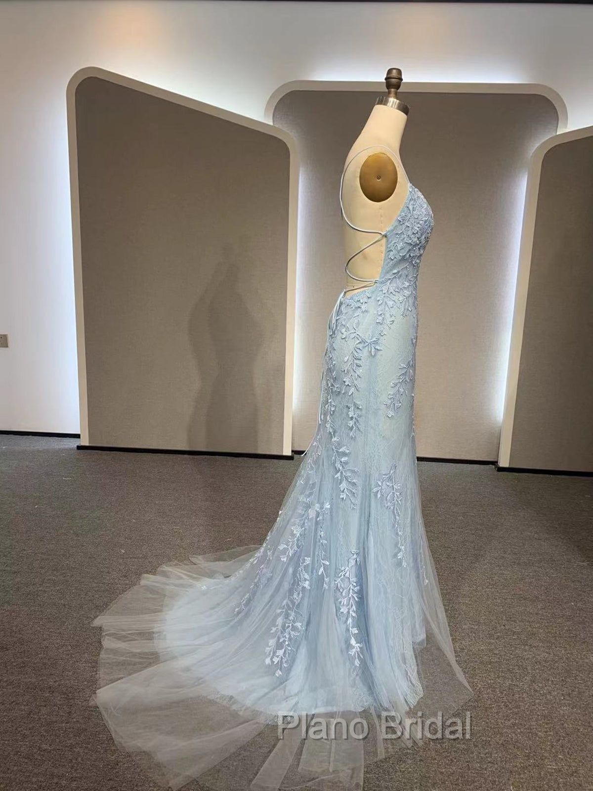 Backless Light Blue Lace Formal Prom Dresses, Open Back Light Blue Lace Formal Evening Dresses Secondary image
