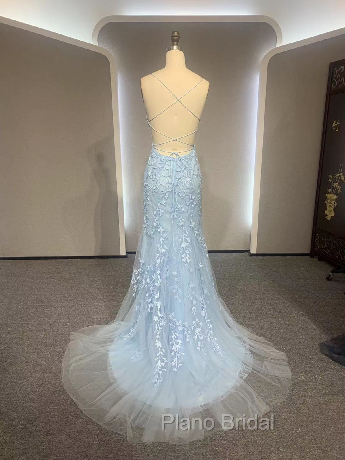 Backless Light Blue Lace Formal Prom Dresses, Open Back Light Blue Lace Formal Evening Dresses
