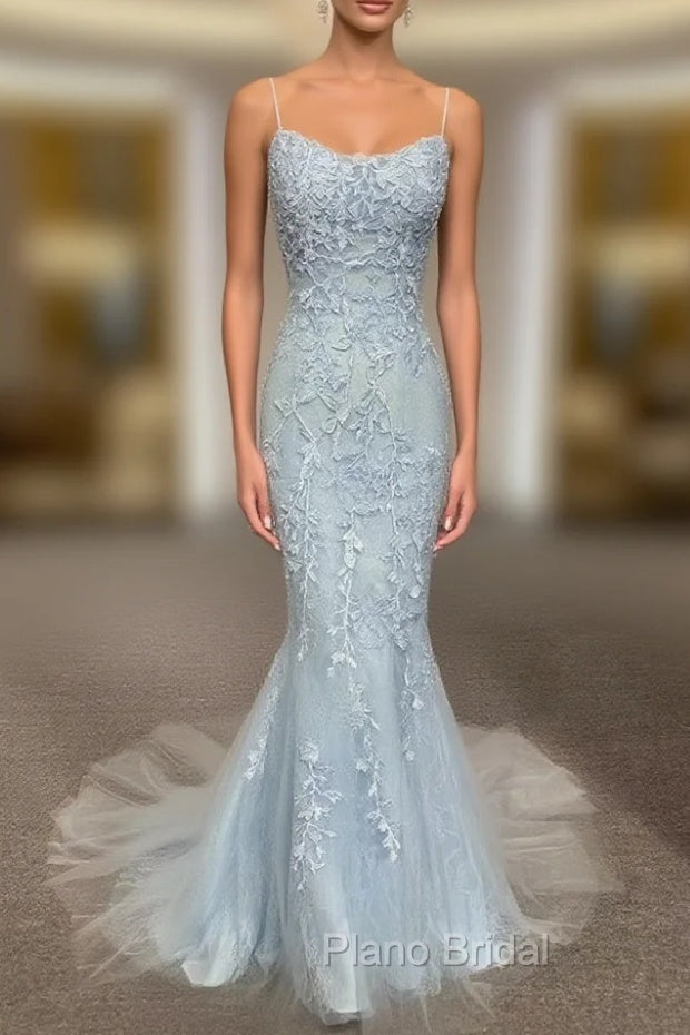Backless Light Blue Lace Formal Prom Dresses, Open Back Light Blue Lace Formal Evening Dresses
