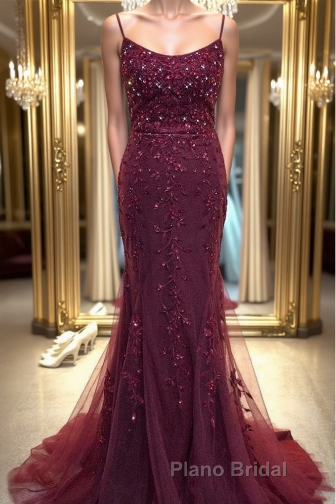 Backless Mermaid Beaded Maroon Lace Long Formal Prom Dresses, Backless Burgundy Lace Formal Dresses, Burgundy Tulle Evening Dresses Main image